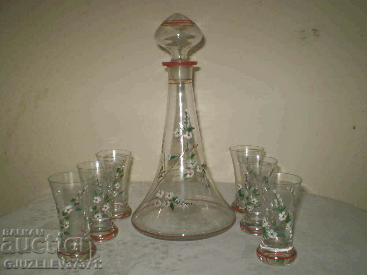 Old brandy service hand painted 6 glasses and a column