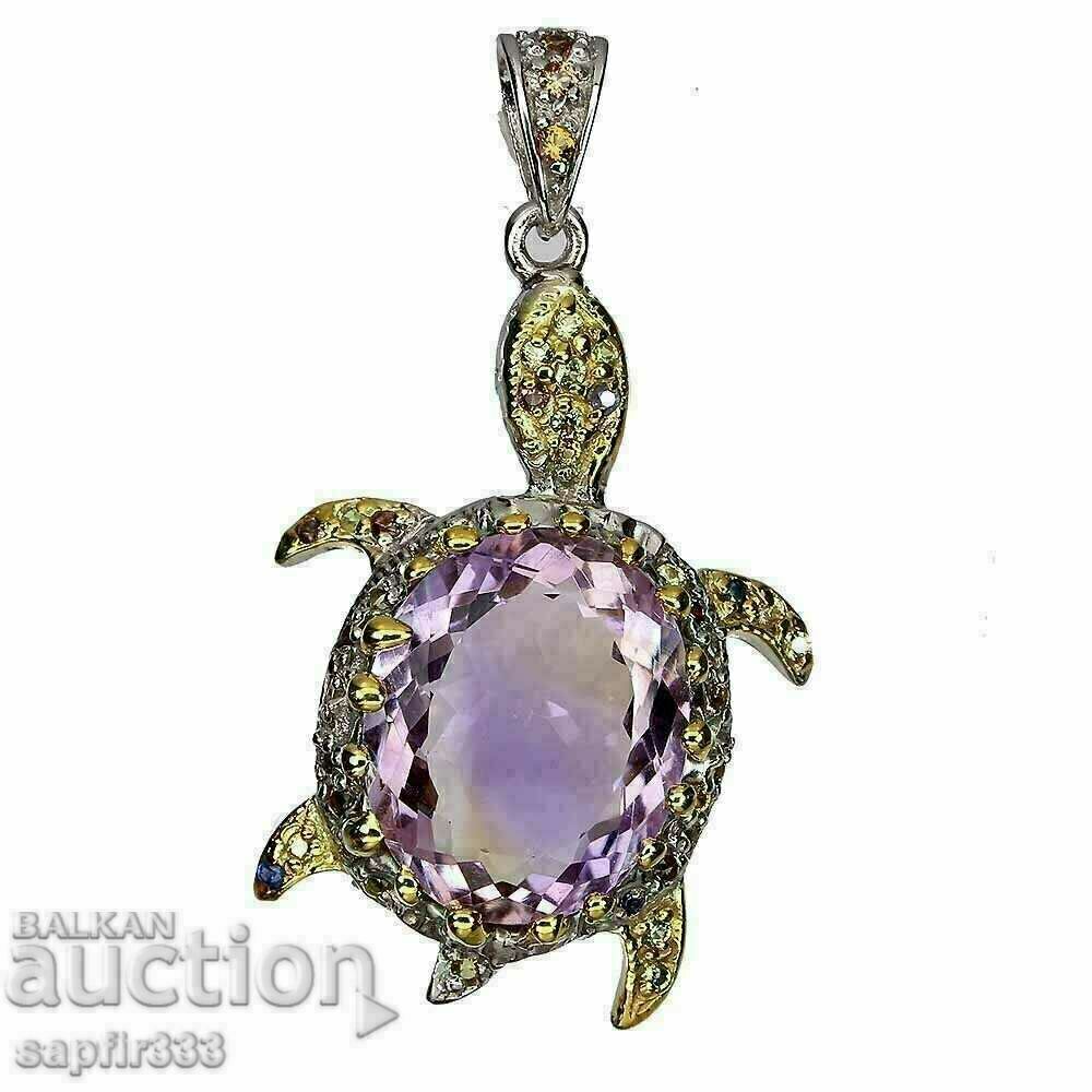 HANDMADE SILVER TURTLE MEDALLION WITH LARGE AMETRINE