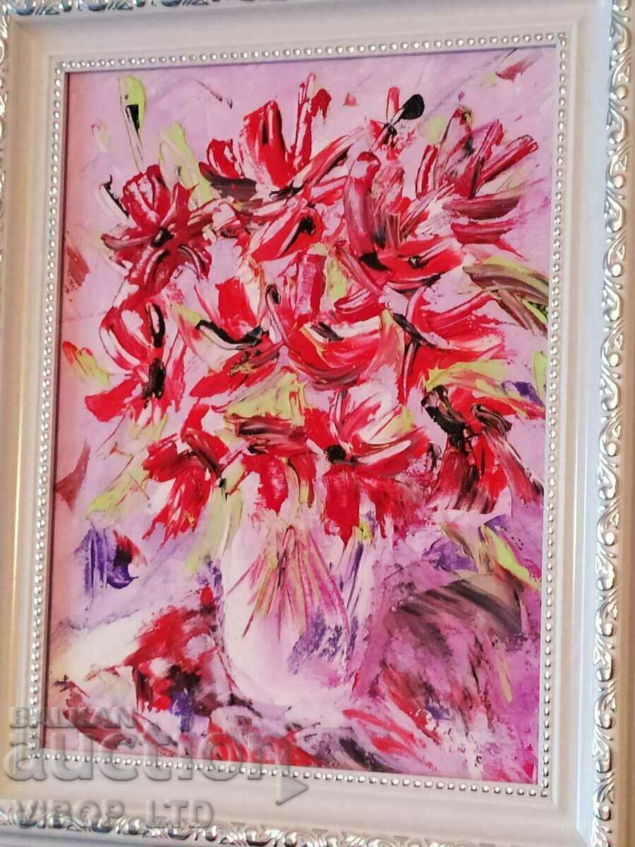 Auction STILL LIFE IN RED, highly embossed oil painting, framed Auction STILL LIFE IN RED, highly embossed oil painting, framed