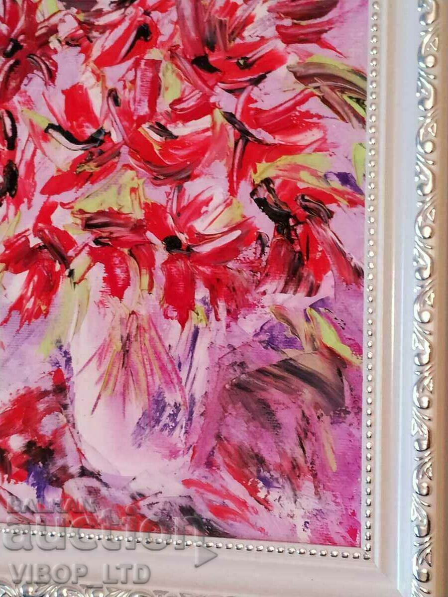 Delivery of STILL LIFE IN RED, highly embossed oil painting, framed Delivery of STILL LIFE IN RED, highly embossed oil painting, framed