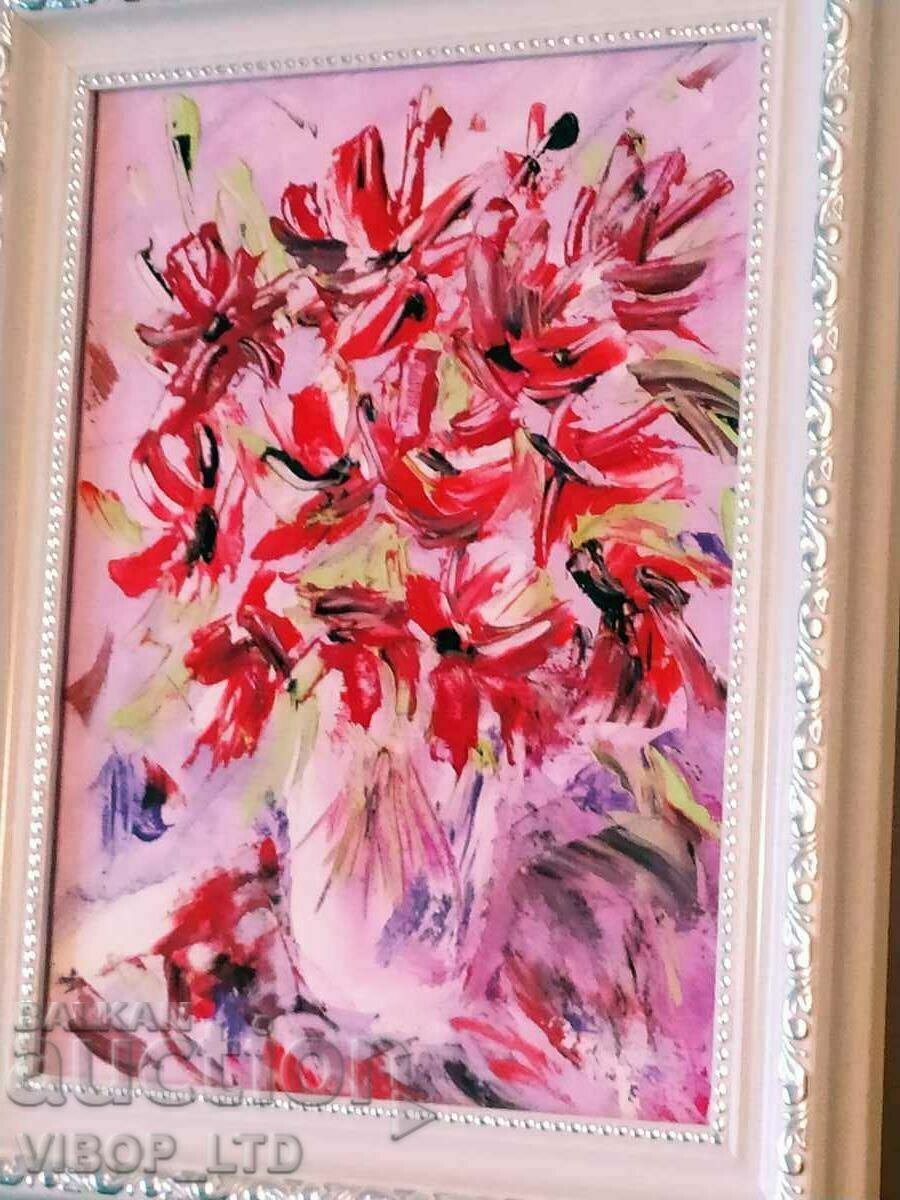 STILL LIFE IN RED, highly embossed oil painting, framed STILL LIFE IN RED, highly embossed oil painting, framed