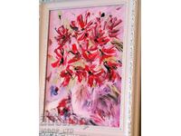 STILL LIFE IN RED, highly embossed oil painting, framed