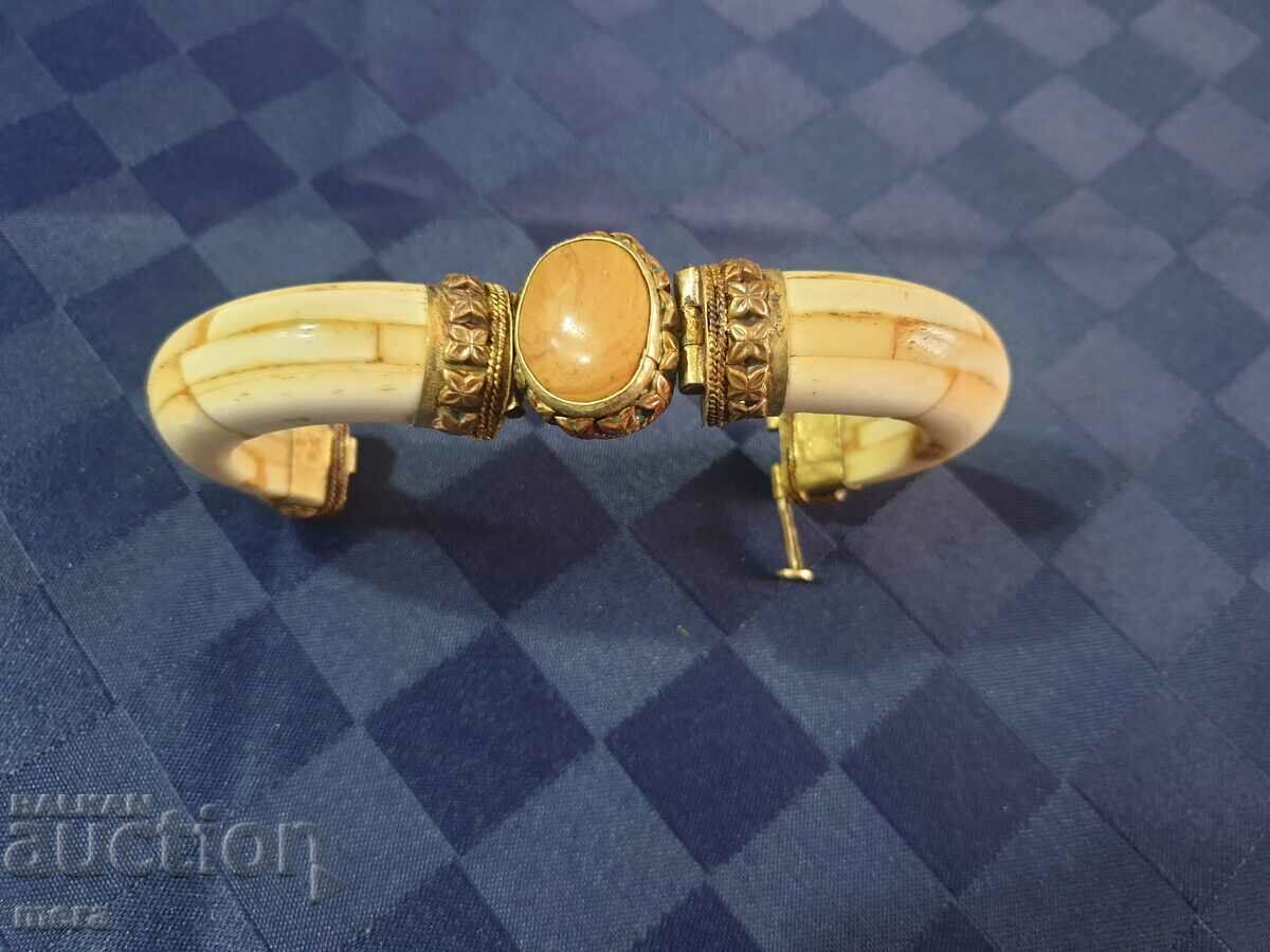 Ivory and semi-precious stone and bronze bracelet