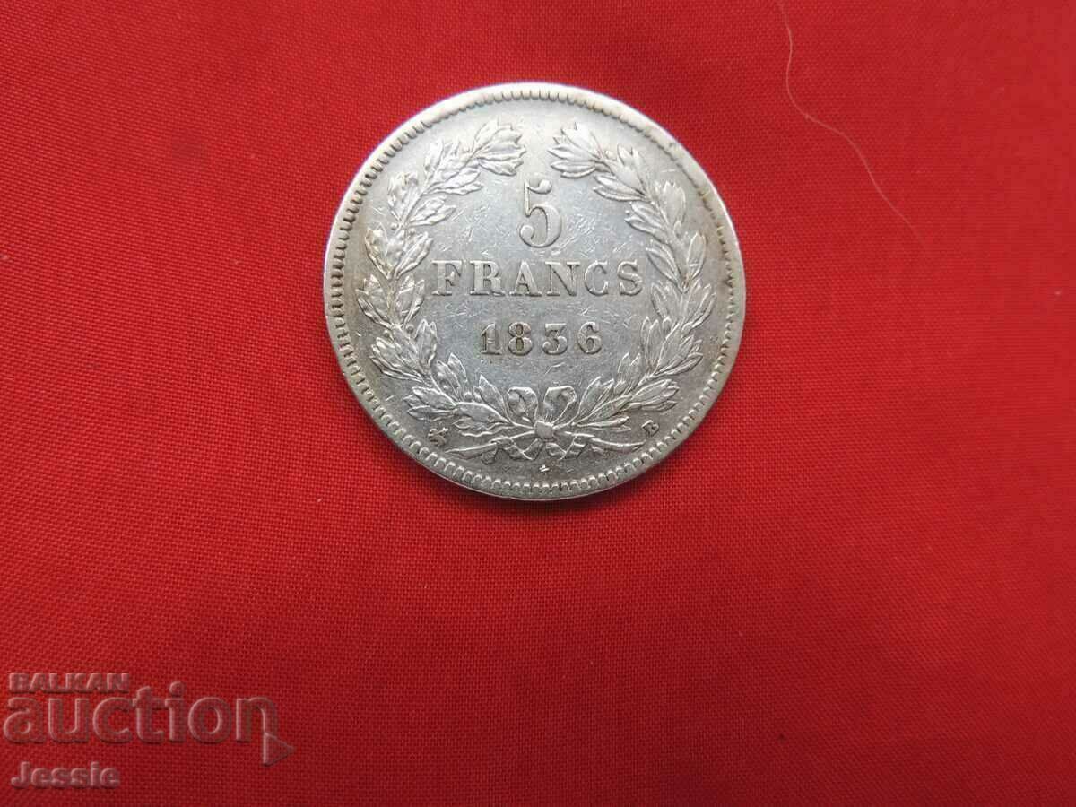 5 francs 1836 B France - Rouen