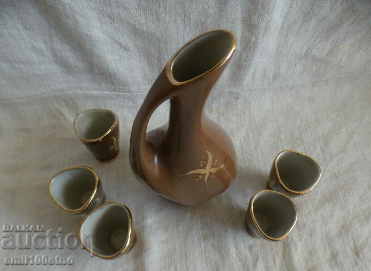 Delivery of Service for heated brandy jug with 5 cups old Bulgarian porcelain Delivery of Service for heated brandy jug with 5 cups old Bulgarian porcelain