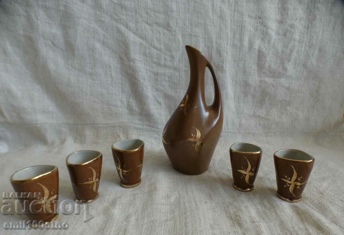 Service for heated brandy jug with 5 cups old Bulgarian porcelain