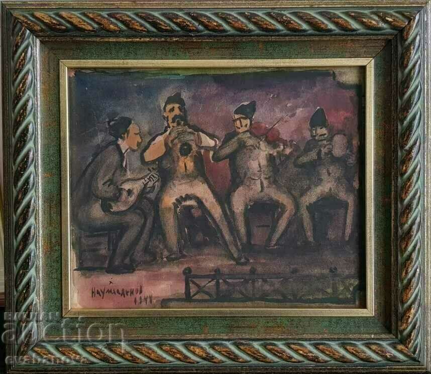 Pictură timpurie unică Naum Hadjimladenov Muzicieni 1948.