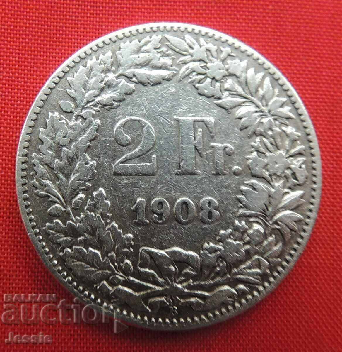 2 Francs 1908 B Switzerland Silver
