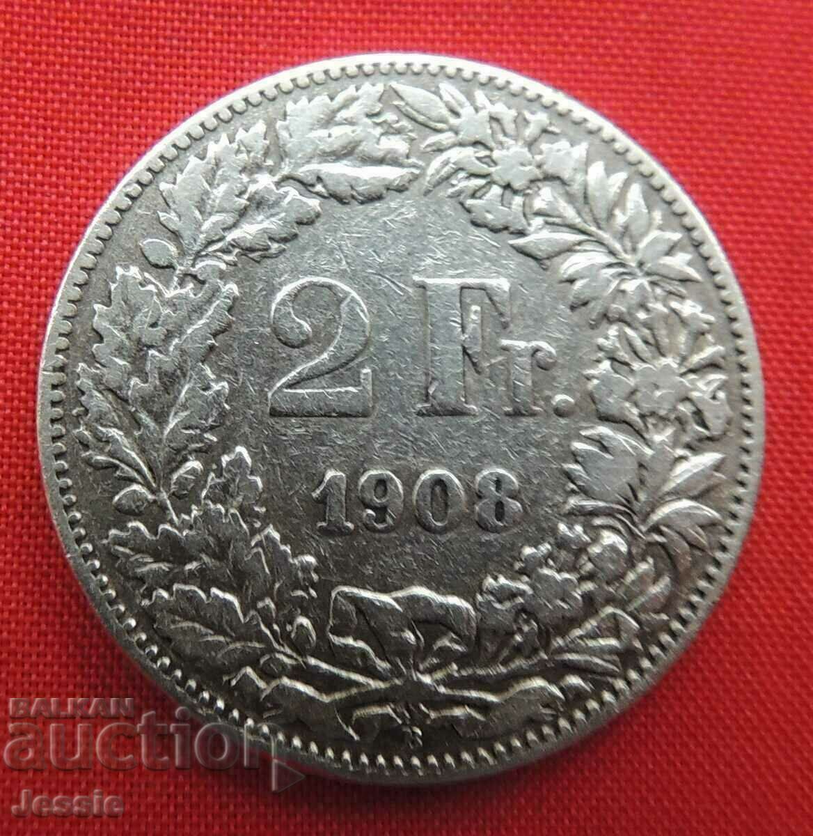 2 Φράγκα 1908 Β Ελβετία Αργυρό