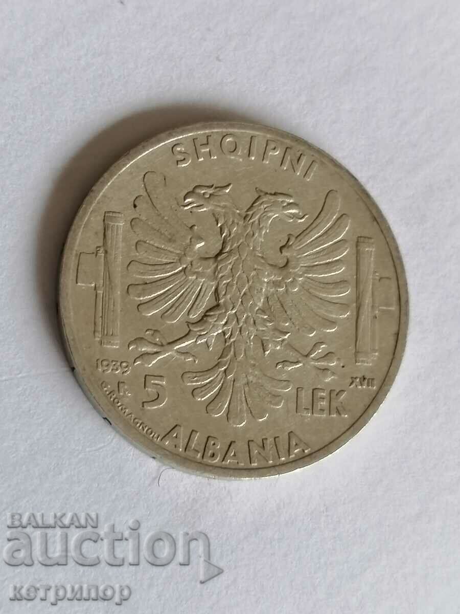 Albania 5 Lek 1939. Silver Albania 5 Lek 1939. Silver