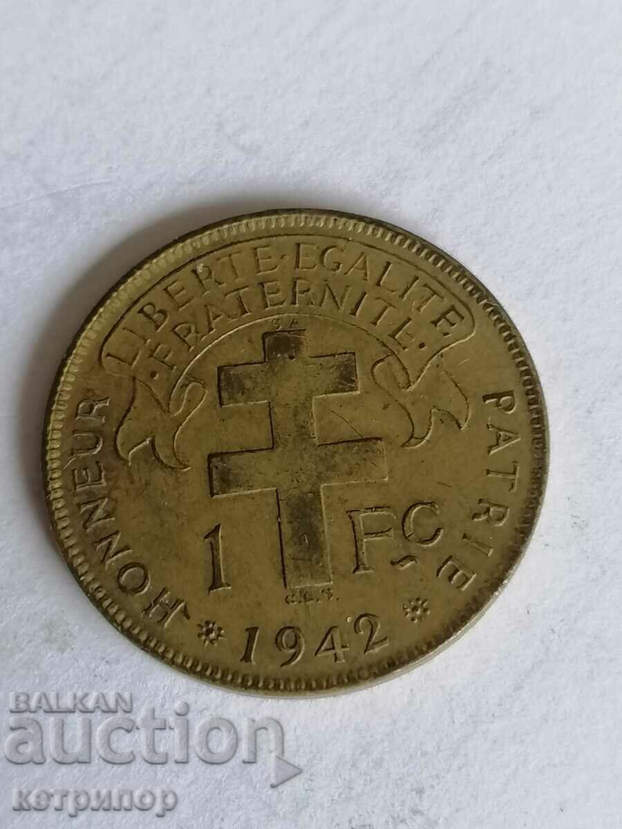 1 франк 1942 г. Френска Екваториална Африка бронз