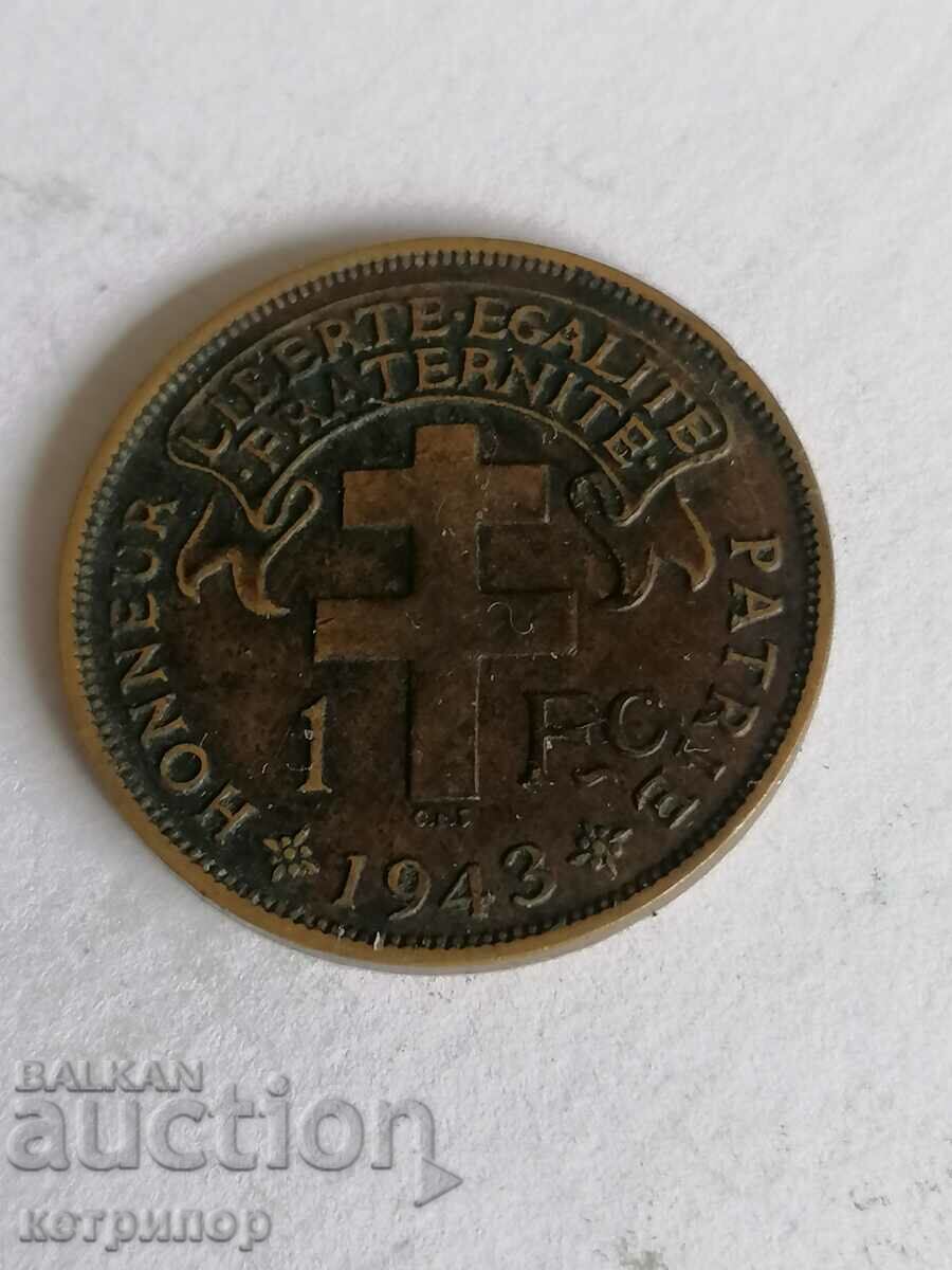 1 франк 1943 г. Френски Мадагаскар медна