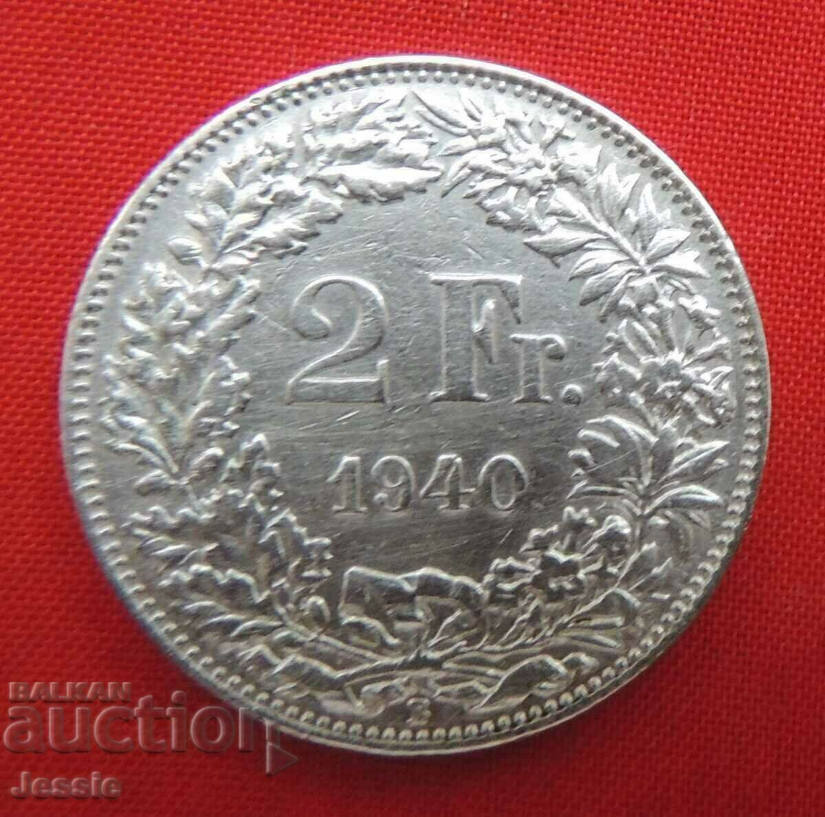 2 Francs 1940 B Switzerland Silver