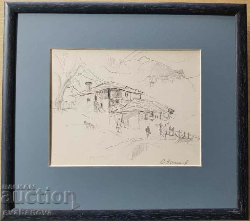 Stoyan Vasilev 1904 - 1977 Village yard drawing original