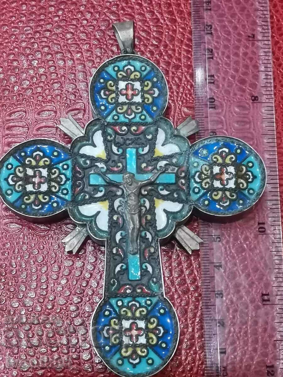 RUSSIAN antique huge cross with enamel and markings