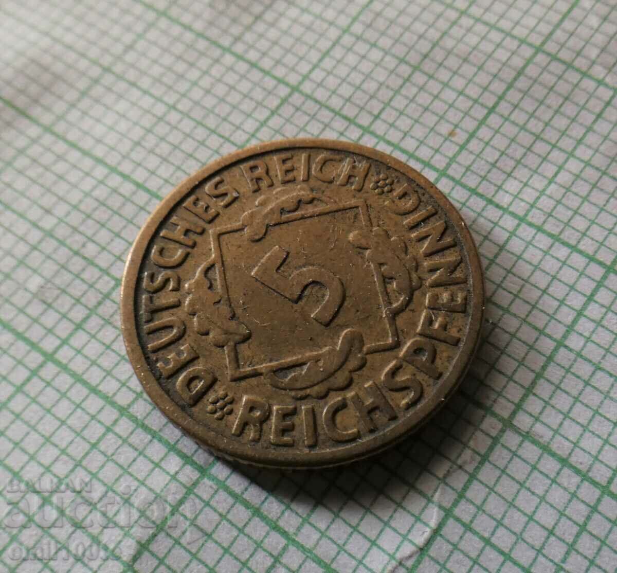 5 Pfennig 1925 F Germania cu preț 3.00 BGN | € 1.53 5 Pfennig 1925 F Germania cu preț 3.00 BGN | € 1.53