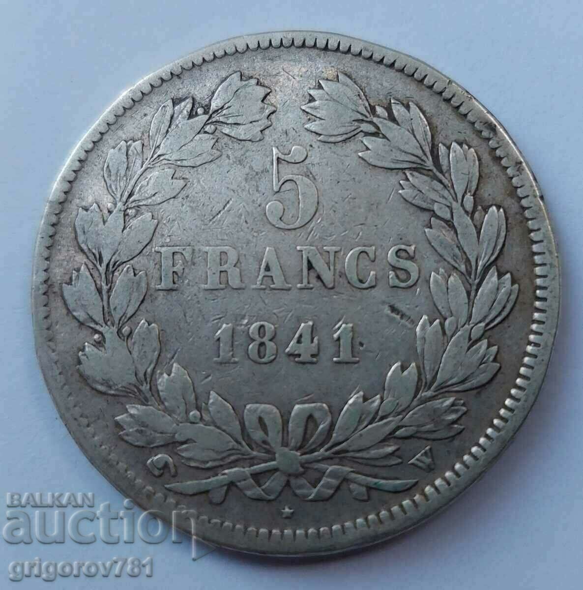 Ασημένιο 5 φράγκα Γαλλία 1841 W - ασημένιο νόμισμα # 43