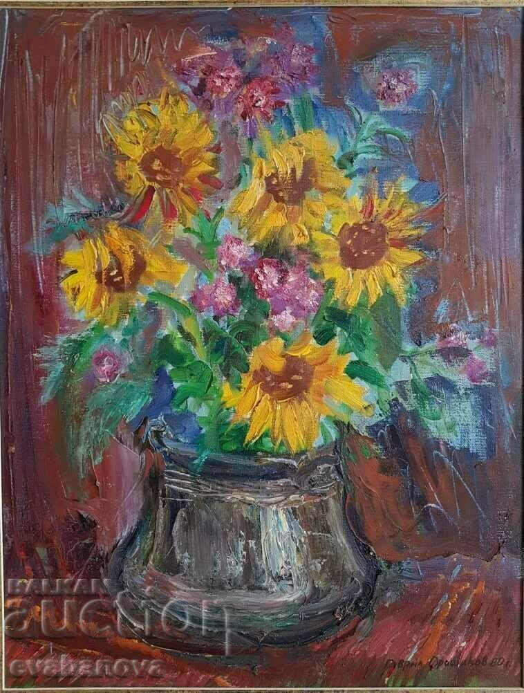 Ο Gavril Oroshakov όμορφη νεκρή φύση Sunflowers 1980. βούτυρο με τιμή 1600.00 BGN | € 818.07 Ο Gavril Oroshakov όμορφη νεκρή φύση Sunflowers 1980. βούτυρο με τιμή 1600.00 BGN | € 818.07