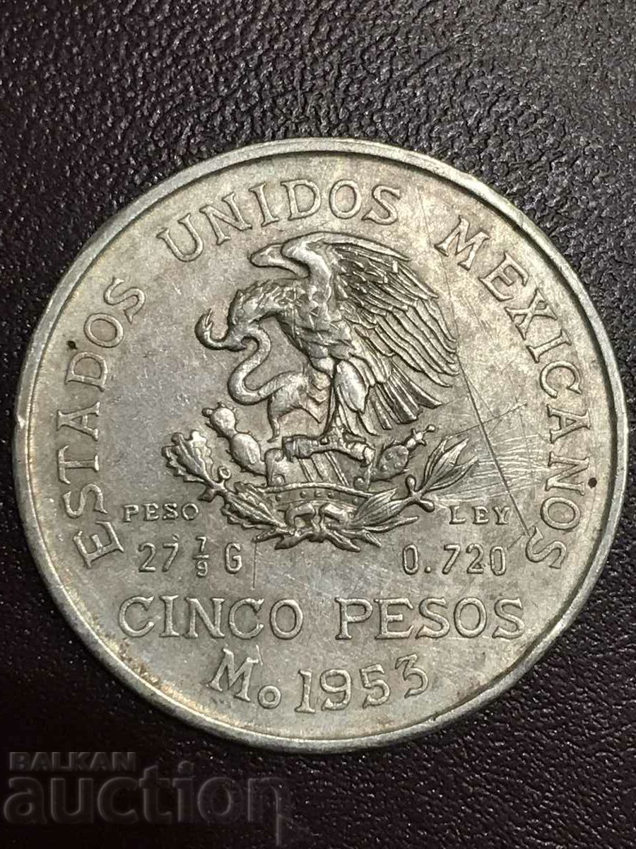 Mexic 5 pesos 1953 Hidalgo Jubilee Argint Monedă