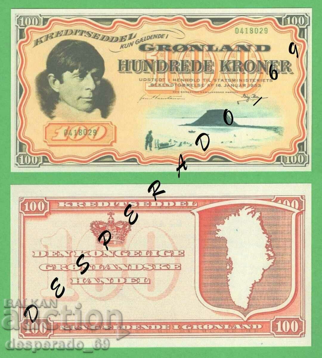 (¯`'•.¸(reproduction) GREENLAND 100 kroner 1953 UNC¸.•'´¯)