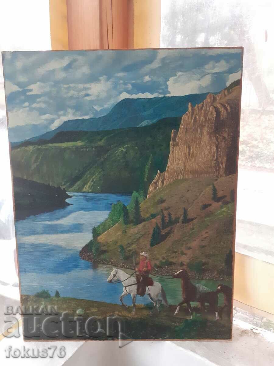 Unique painting "The Horseman" oil on phaser art. Ivanov