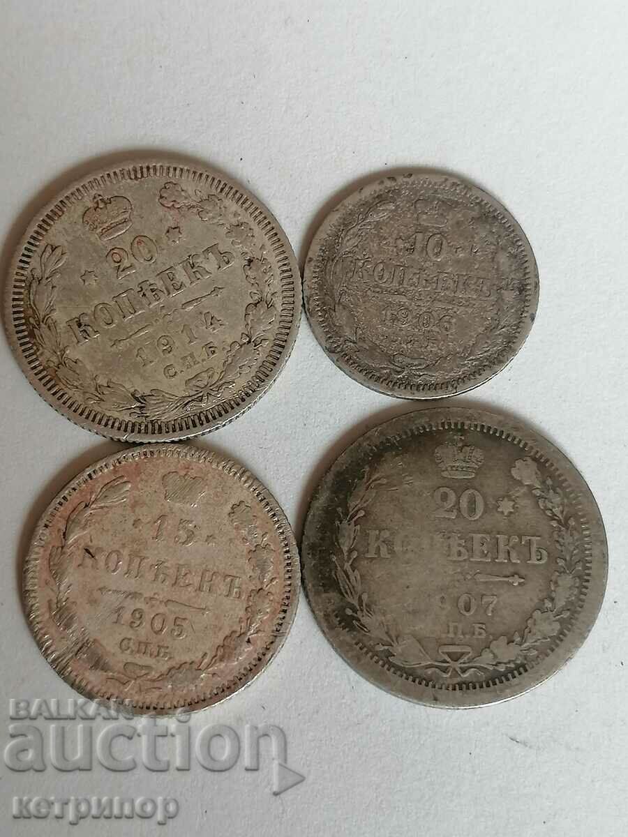 Лот копейки 1905, 1906, 1907, 1914 г, Русия сребърна