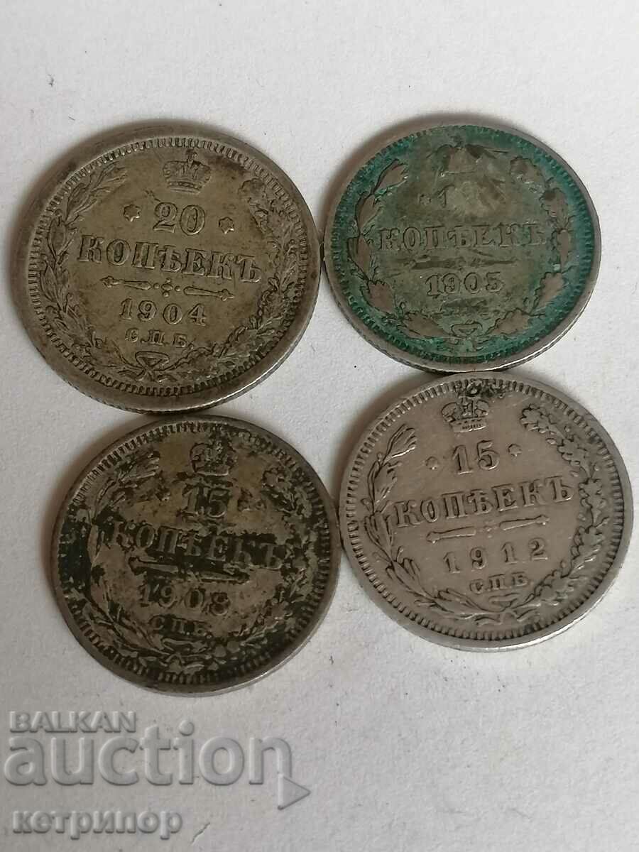 Lot de copeici 1904, 1905, 1908, 1912, Rusia argint