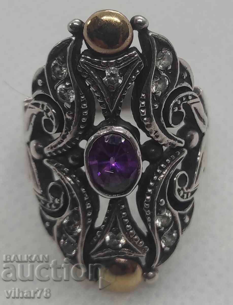 VERY BEAUTIFUL SILVER WOMEN'S RING WITH AMETHYST AND GOLD - 6