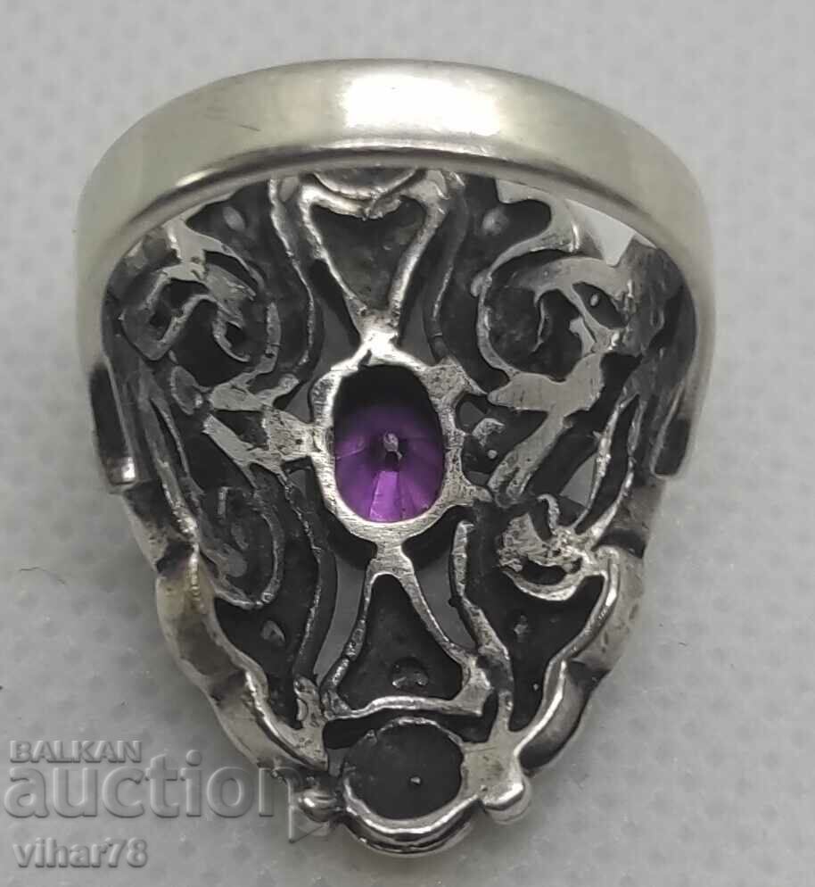 VERY BEAUTIFUL SILVER WOMEN'S RING WITH AMETHYST AND GOLD - 7