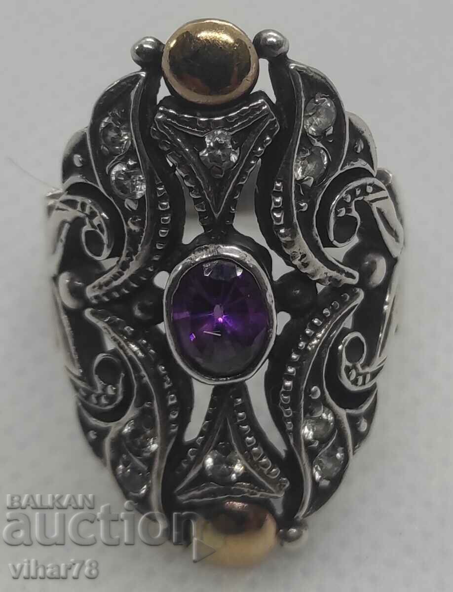 VERY BEAUTIFUL SILVER WOMEN'S RING WITH AMETHYST AND GOLD