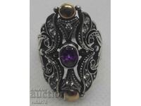 VERY BEAUTIFUL SILVER WOMEN'S RING WITH AMETHYST AND GOLD