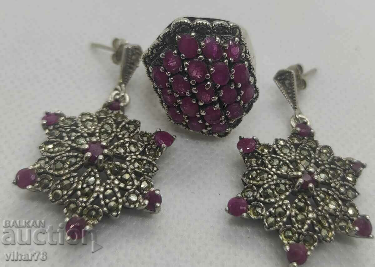 Very beautiful silver set of earrings and ring with rubies and ma with price 599.99 BGN | € 306.77 Very beautiful silver set of earrings and ring with rubies and ma with price 599.99 BGN | € 306.77