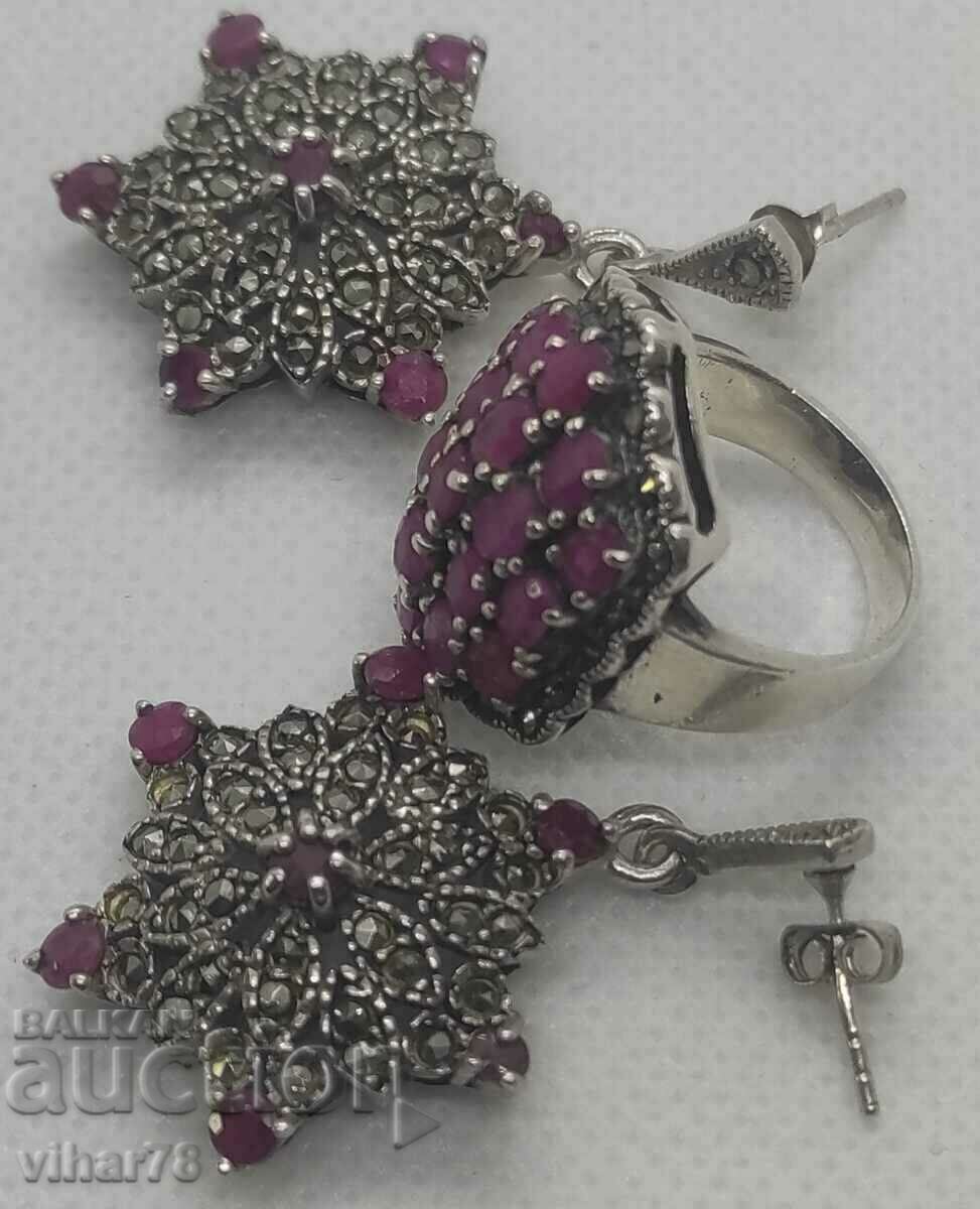Delivery of Very beautiful silver set of earrings and ring with rubies and ma Delivery of Very beautiful silver set of earrings and ring with rubies and ma