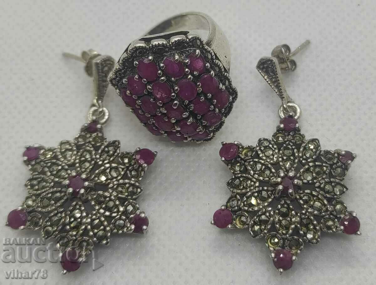 Very beautiful silver set of earrings and ring with rubies and ma - 5 Very beautiful silver set of earrings and ring with rubies and ma - 5