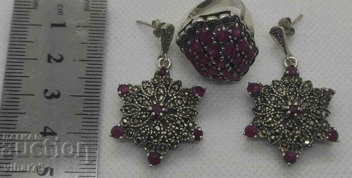Very beautiful silver set of earrings and ring with rubies and ma - 6 Very beautiful silver set of earrings and ring with rubies and ma - 6