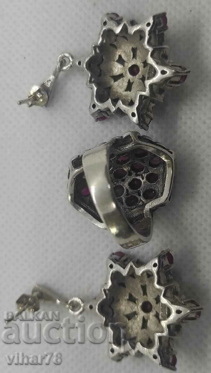 Very beautiful silver set of earrings and ring with rubies and ma - 7 Very beautiful silver set of earrings and ring with rubies and ma - 7