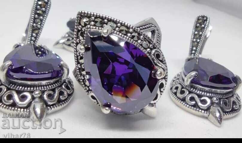 Very beautiful set of earrings, pendant and ring with zircon with price 359.99 BGN | € 184.06 Very beautiful set of earrings, pendant and ring with zircon with price 359.99 BGN | € 184.06