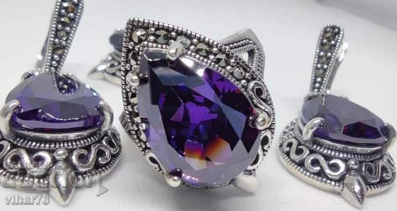 Very beautiful set of earrings, pendant and ring with zircon - 5 Very beautiful set of earrings, pendant and ring with zircon - 5