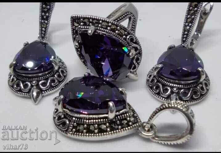 Very beautiful set of earrings, pendant and ring with zircon - 6 Very beautiful set of earrings, pendant and ring with zircon - 6