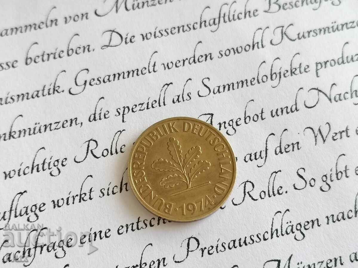 Coin - Germany - 10 Pfennig | 1974; Series D with price 0.90 BGN | € 0.46 Coin - Germany - 10 Pfennig | 1974; Series D with price 0.90 BGN | € 0.46