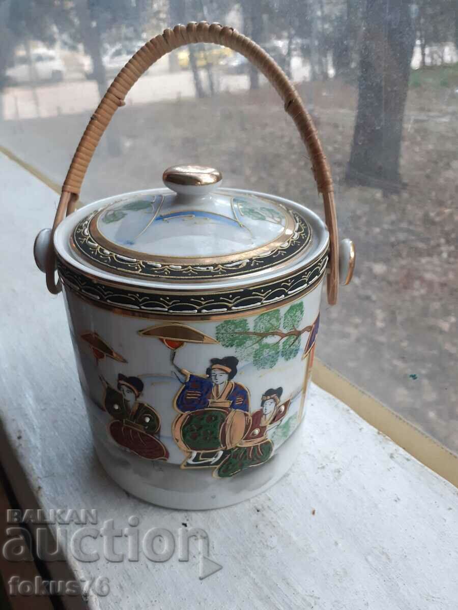 Old Japanese thick gilt porcelain candy jar