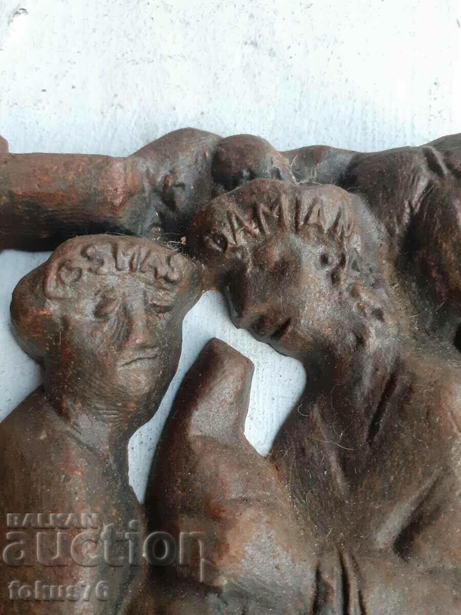 Auction Cast iron panel Cosmas and Damian by Jürgen Weber - signed and dated Auction Cast iron panel Cosmas and Damian by Jürgen Weber - signed and dated