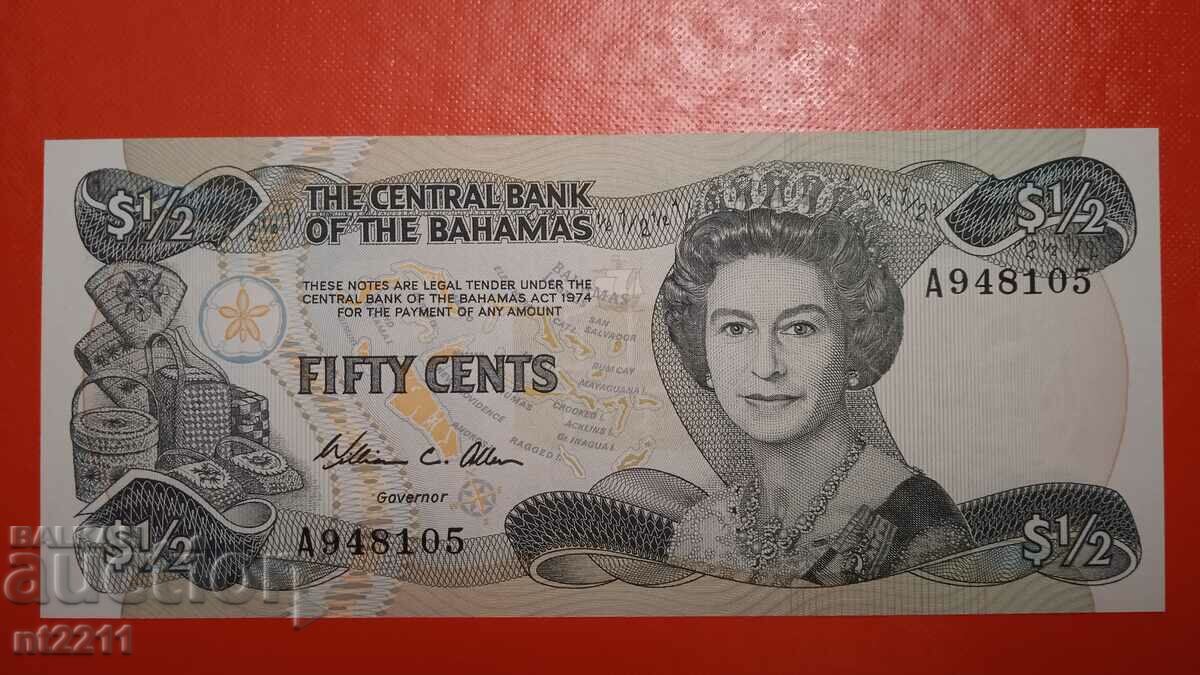 Bancnota 1/2 dolar Bahamas 1974.