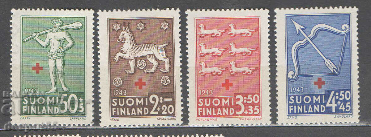 1943. Финландия. Червения кръст - феодални гербове.