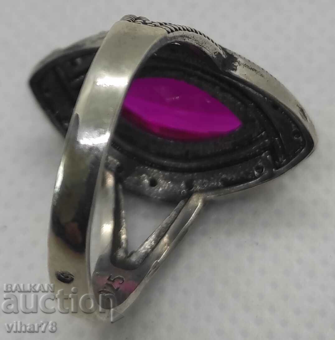 Silver ring with huge ruby and marcasite - 5