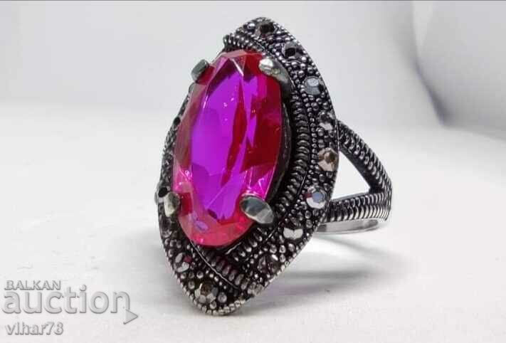 Silver ring with huge ruby and marcasite
