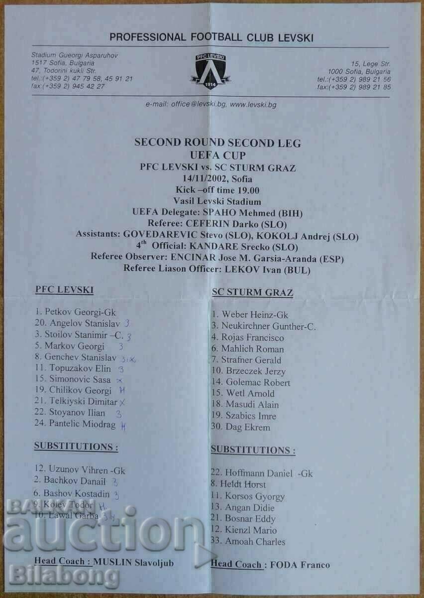 Football team sheet Levski - Sturm(Graz), UEFA 2002