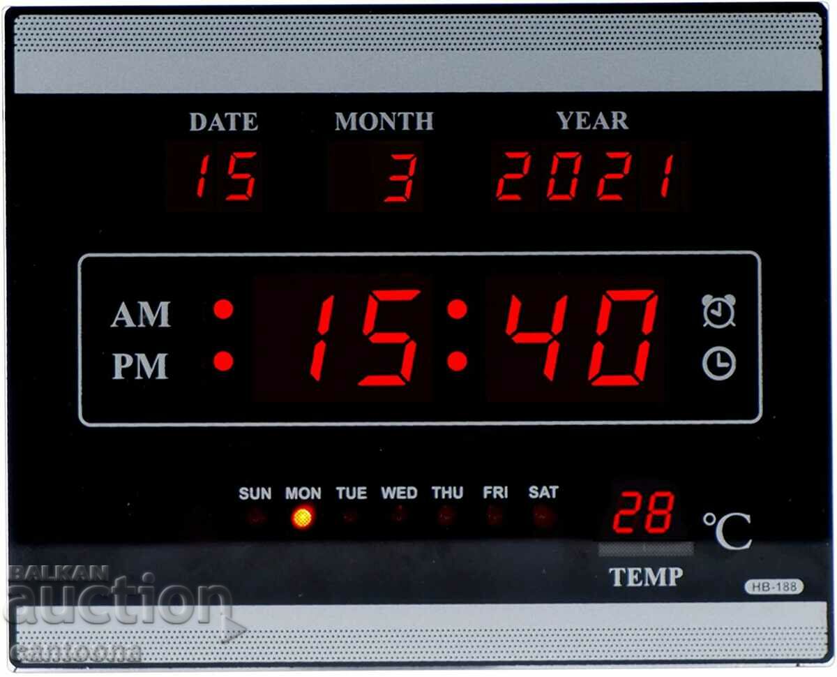 Digital LED clock with alarm, calendar and temperature