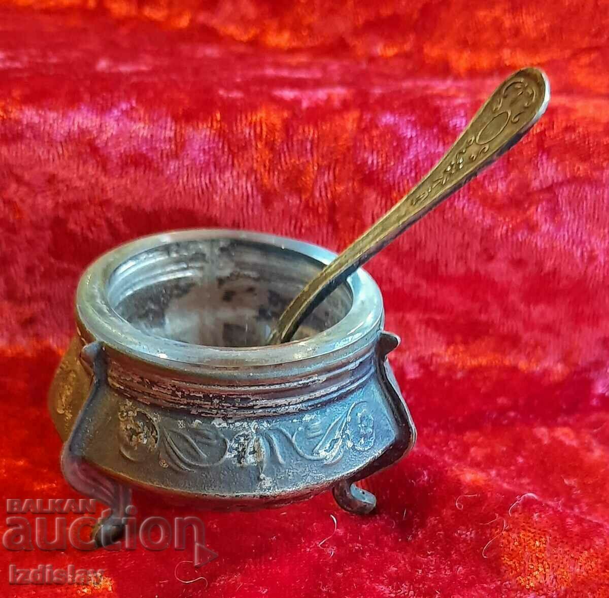 Farfurie de caviar placata cu argint rusesc cu lingura originala.
