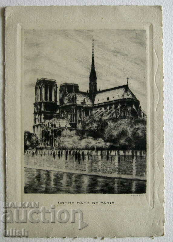 Κάρτα χαρακτικής του 1950 Γραφικά ξηρού σημείου Notre Dame